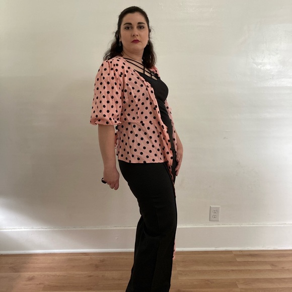 Pink polka dot blouse/black flare bottom pants. - Picture 5 of 5